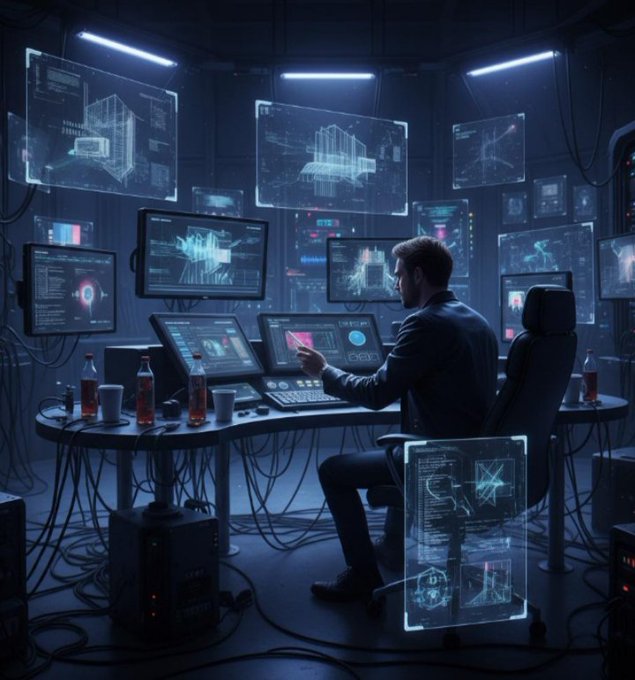 A man in a dark suit sits at a futuristic workstation surrounded by multiple glowing holographic screens displaying data, schematics, and 3D wireframes in a dark, tech-filled room.