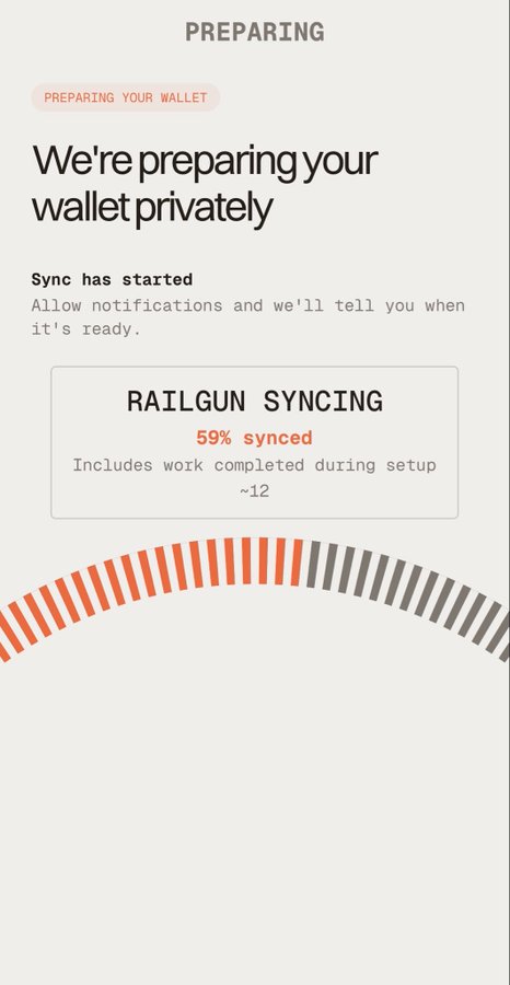 A screenshot showing a wallet preparation screen with text 'PREPARING', 'PREPARING YOUR WALLET', 'We're preparing your wallet privately', 'Sync has started', and 'RAILGUN SYNCING 59% synced' along with a progress bar.