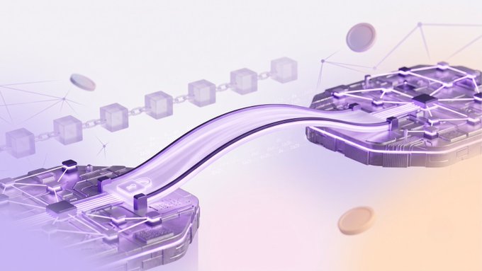 A 3D-rendered purple and white illustration depicting blockchain technology with a chain of connected cubes leading to a circuit-like structure.