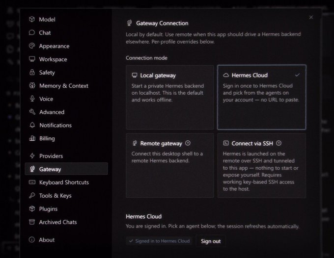 The image shows the Gateway Connection settings panel of Hermes Desktop, with "Hermes Cloud" selected as the connection mode and a "Signed in" status confirmed below. This aligns with the post's description of the user running Hermes Desktop separately from their VPS-based original Hermes Agent.