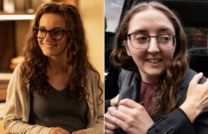 The image shows a side-by-side comparison of actress Julia Garner (left) in character, and Caroline Ellison (right), the former CEO of Alameda Research. The post highlights the irony of Julia Garner being cast to play Caroline Ellison in a Netflix FTX series, noting the impressive casting choice as the actress bears a striking resemblance to the real person.