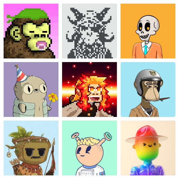 A 3x3 grid of various NFT artwork including pixel art, skeletons, monkeys, and characters on colorful backgrounds.