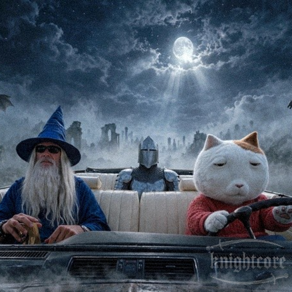 A photoshopped image showing a wizard with a long white beard and blue hat, a knight in armor, and a chubby cat in a red sweater riding in a convertible through a misty, moonlit landscape.
