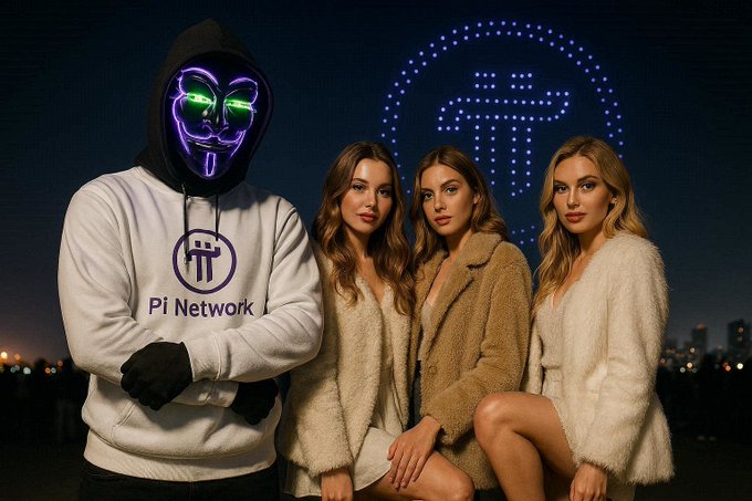 A person wearing a glowing green and purple mask and a white 'Pi Network' hoodie stands with arms crossed next to three women in fluffy coats.