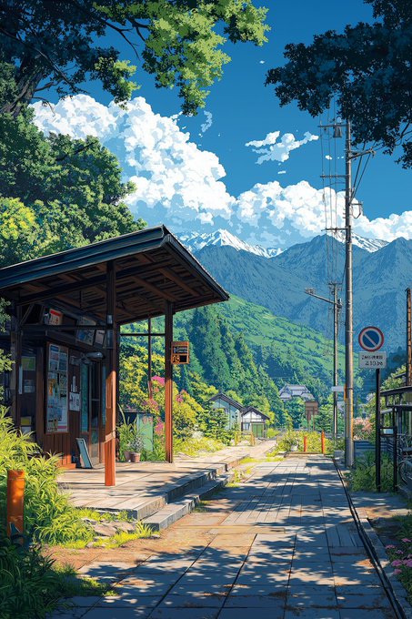 An anime-style illustration of a quiet rural train station with a wooden platform, lush green trees, distant mountains under a cloudy blue sky, and utility poles lining the path.
