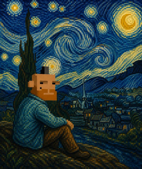 A pixel art parody of Vincent van Gogh's 'Starry Night' featuring a figure with a blocky, humanoid monkey face wearing a blue shirt and brown pants.