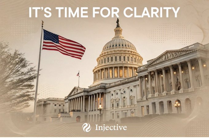A promotional image featuring the U.S. Capitol building with an American flag, overlaid with the text 'IT'S TIME FOR CLARITY' and the 'Injective' logo at the bottom.
