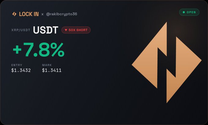 A trading interface from LOCK IN (@rakibcrypto36) showing an XRP/USDT 50x SHORT position at +7.8%, with entry at $1.3432 and mark at $1.3411.
