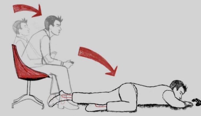 A sketch-style instructional image showing a person seated in a chair using a phone, with a red arrow indicating how to fall face-down to the floor, demonstrating a technique to prevent injury from fainting or a chair collapse.
