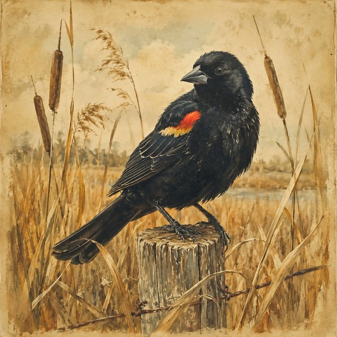 A vintage-style painting of a black bird with a red and yellow wing patch perched on a wooden post, surrounded by tall grass and cattails near water.
