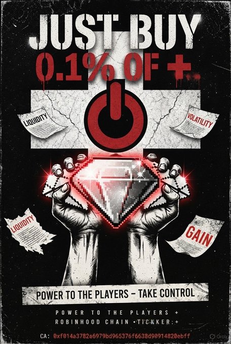 A promotional poster reads 'JUST BUY 0.1% OF +' featuring hands holding a diamond and a power button symbol, with text including 'POWER TO THE PLAYERS - TAKE CONTROL', 'ROBINHOOD CHAIN', 'TICKKER:+', and contract address '0xf014a3782e69779bd965376f6638d90914820cbff'.