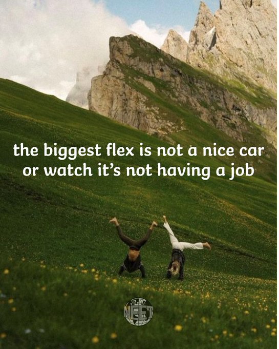 A motivational image of two people doing handstands in a green mountain meadow with text reading 'the biggest flex is not a nice car or watch it's not having a job'.