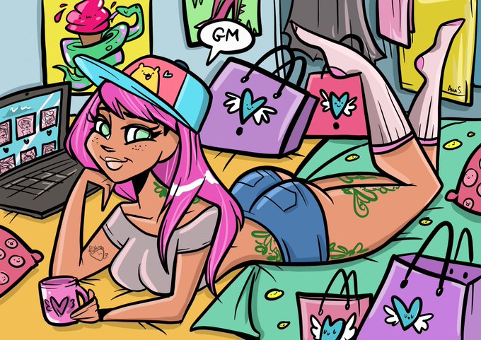 A colorful cartoon illustration of a pink-haired character with a blue cap lying on her stomach saying 'GM' in a speech bubble, surrounded by shopping bags and an ice cream cone character.