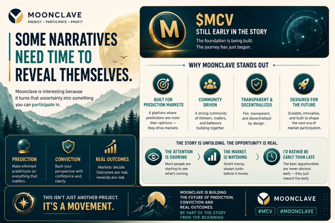 The image is a promotional infographic for Moonclave ($MCV) titled "Some Narratives Need Time to Reveal Themselves," highlighting the project's pillars of prediction, conviction, and real outcomes, with tags #MCV and #Moonclave. It visually reinforces the post's message by emphasizing how Moonclave transforms uncertainty into active participation through community-driven, transparent prediction markets.