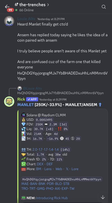 A Discord chat from "the-trenches" where user Louie Alts discusses the ticker $MANLET/ANSEM, sharing its contract address (HxQhDGYqyorgogMJx7YbBHADEDxuHhLnMMmr6VYpyn) and highlighting that Ansem replied positively to the idea of pairing the coin with his name. The accompanying message celebrates Louie's early call as the coin surged from 250K to 6M market cap, while the embedded image shows detailed on-chain metrics for $MANLET including a $250K FDV, 3.3M liquidity, and 45 holders, illustrating exactly the kind of early-stage data Louie was highlighting to the group.