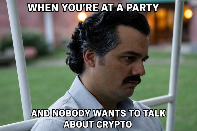 A man with a mustache looks sideways with a disappointed expression, captioned "WHEN YOU'RE AT A PARTY AND NOBODY WANTS TO TALK ABOUT CRYPTO." This mirrors the post's joke about scouring a party for anyone interested in crypto trading terms like "perp."