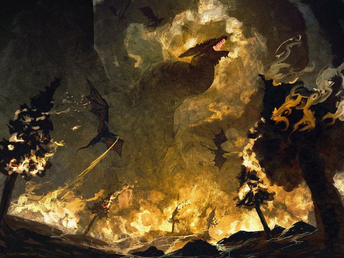 A dark fantasy painting depicting a chaotic scene with dragons, bats, and burning structures against a fiery, smoky sky, signed 'ANATO FINSTARK'.