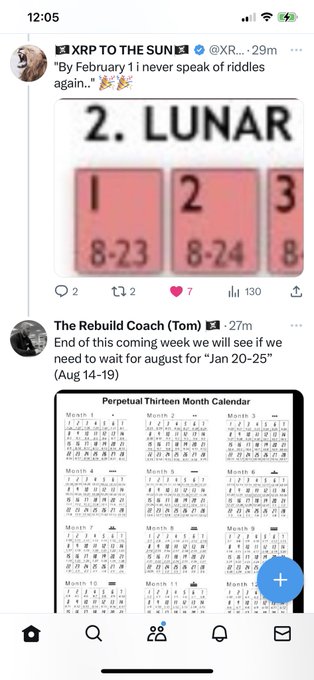 A Twitter/X screenshot showing posts from @XRP_TO_THE_SUN about '2. LUNAR' dates and @TheRebuildCoach sharing a 'Perpetual Thirteen Month Calendar.'