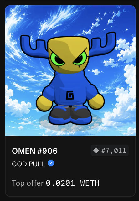 A digital NFT card displays "OMEN #906" with a "GOD PULL" verification badge, featuring a chibi character with green eyes, blue antlers, a blue hoodie, and black shoes against a cloudy sky background, currently listed with a top offer of 0.0201 WETH. The card relates to the post as the user's new collectible win from a Panelhaus × Cool Cats contest, showcasing their prize while thanking the hosts and mentioning anticipation for the upcoming Smudgies release.