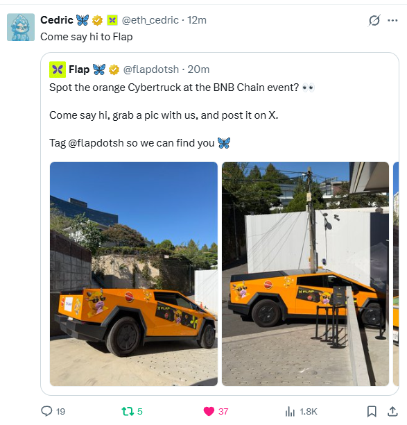 A Twitter/X post from @flapdotsh saying 'Spot the orange Cybertruck at the BNB Chain event?? Come say hi, grab a pic with us, and post it on X,' with two photos of a Cybertruck wrapped in an orange Flap design, quoted by @eth_cedric.