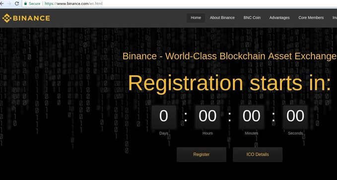 A screenshot of the Binance website homepage displaying 'Binance - World-Class Blockchain Asset Exchange' with a countdown timer showing 'Registration starts in:' 0 days, 00 hours, 00 minutes, 00 seconds.