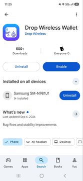 A mobile app store page for 'Drop Wireless Wallet' showing 500+ downloads, an Enable button, listing it as installed on a Samsung SM-N981U device, with a 'What's new' update note from September 4, 2026.