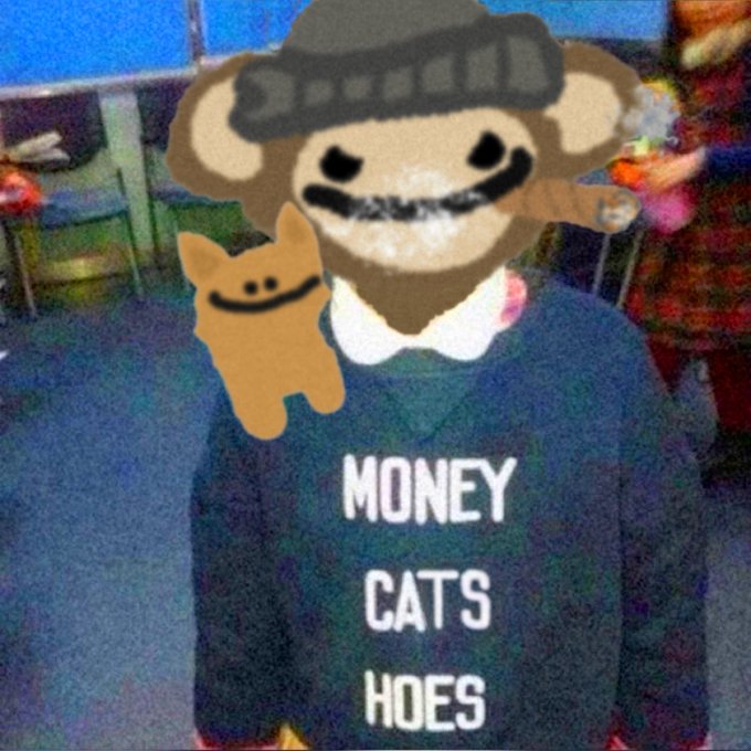 A cartoon bear in a beanie and sweater holds a small cat, with the sweater reading "MONEY CATS HOES" — humorously listing the three priorities the bear aims to achieve during the bull run.