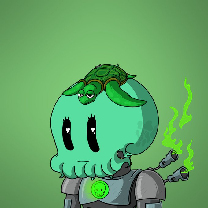 A digital artwork of a character with a large green squid-like head, heart-shaped eyes, and a small turtle resting on top, set against a green gradient background.