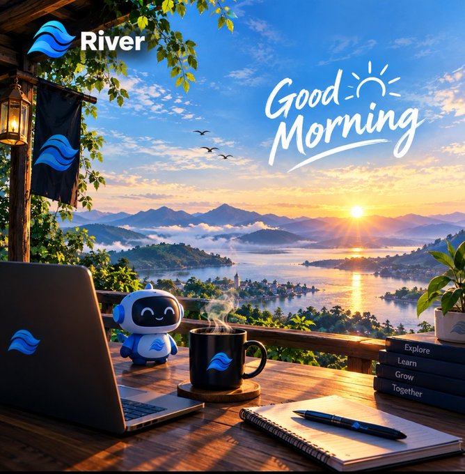 A 'Good Morning' greeting from 'River' featuring a serene sunrise over mountains and water, with a laptop, coffee mug, and small robot displaying the River logo on a wooden desk.