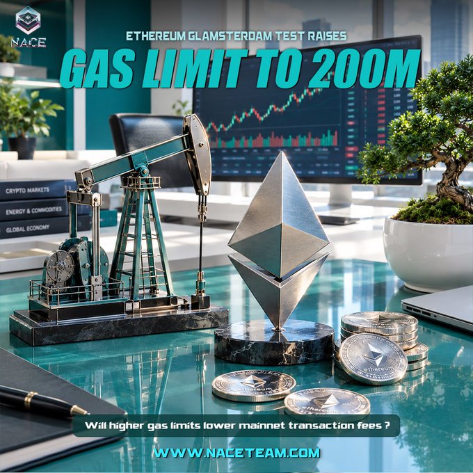 The image is a stylized financial illustration featuring a miniature oil pump, an Ethereum logo sculpture, stacked crypto coins, a bonsai tree, and a financial chart display, with the headline "ETHEREUM GLAMSTERDAM TEST RAISES GAS LIMIT TO 200M" and tagline "Will higher gas limits lower mainnet transaction fees?" alongside the NACE logo and website. The visual combines traditional finance imagery (oil pump, market charts) with crypto symbols (Ethereum logo and coins) to represent Ethereum's ongoing evolution toward greater scalability and lower transaction costs.