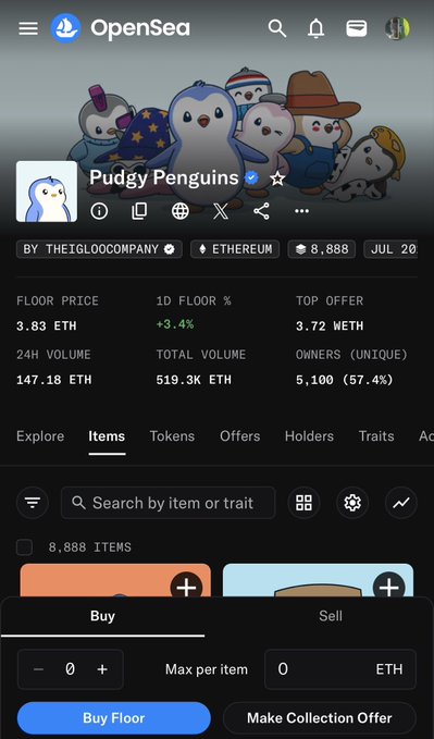 A mobile screenshot of the OpenSea app showing the 'Pudgy Penguins' NFT collection page on Ethereum, displaying a floor price of 3.83 ETH and 8,888 items.