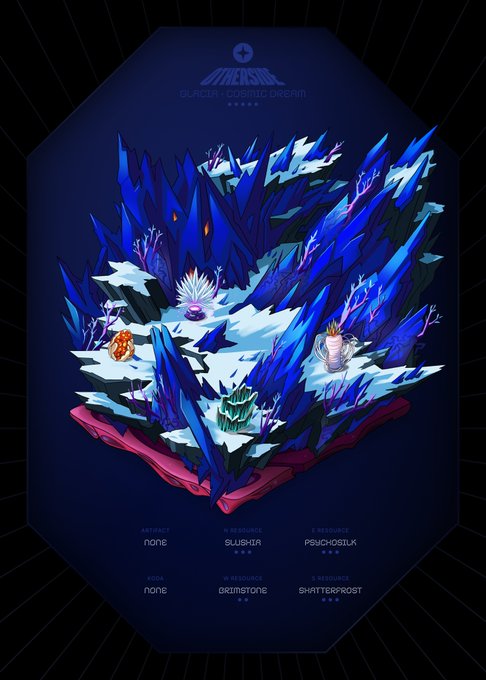 The image features a 3D rendering of a blue landscape with various elements such as mountains, crystals, and plants. The text "GRAIL OTHERDEED EXPANDED SOLD #92965 - 0.14 WETH Shatterfrost (rare resource, 0.74 supply)" is present in the image. This post seems to be promoting a product or service related to space exploration, as indicated by the reference to GRAIL and the sold-out status of the resource. The post also mentions that the resource is "deep stone" and "populated with crystals".
