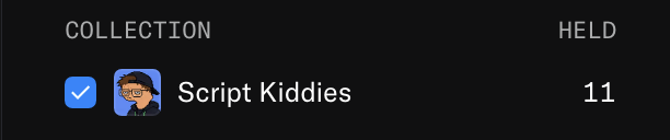 A screenshot displays a digital wallet collection showing "Script Kiddies" with 11 items held, marked with a blue checkmark selection. This image illustrates the user holding 11 Script Kiddies NFTs, relating to the post's message about taking advantage of opportunities by joining Velcorians for alpha, whitelist, and airdrop opportunities.