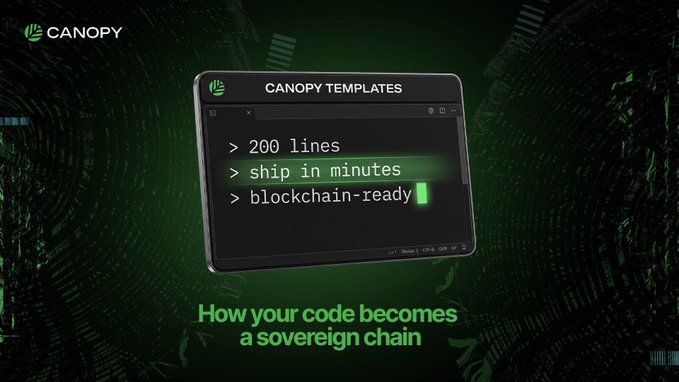 A promotional graphic for Canopy Templates featuring a retro computer terminal displaying '> 200 lines, > ship in minutes, > blockchain-ready' with the tagline 'How your code becomes a sovereign chain.'