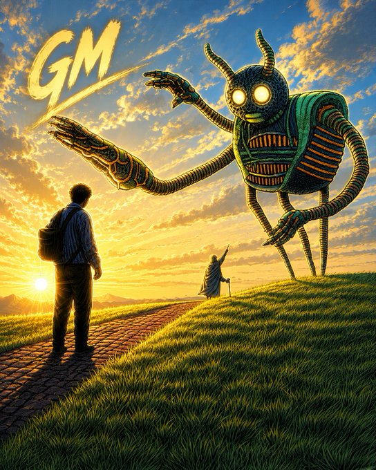 The image features a man walking down a path, with two large green monsters behind him. The first monster has its arms outstretched towards the man, while the second monster appears to be holding onto his arm. The scene takes place at sunset, creating an atmospheric and surreal setting for this encounter between the man and the monsters.