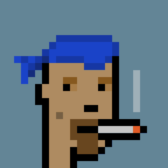 A pixel art portrait of a man with blue hair smoking a cigarette, set against a teal background. The image corresponds to CryptoPunk #9065, a blue-haired male character from the NFT collection that was sold for 30.86 ETH ($76,071 USD) in a transaction referenced in the post.