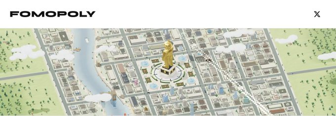 A webpage banner labeled “FOMOPOLY” shows an isometric illustrated city map with waterways, streets, green areas, and a central golden monument; an “X” icon appears at the upper right.