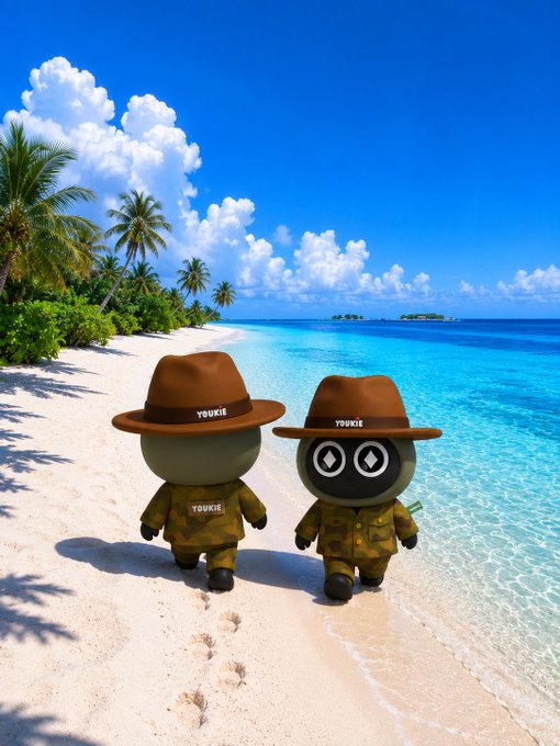 Two small cartoon characters wearing brown hats with 'YOUKIE' written on them and camouflage outfits stand on a sandy beach next to turquoise water and palm trees.