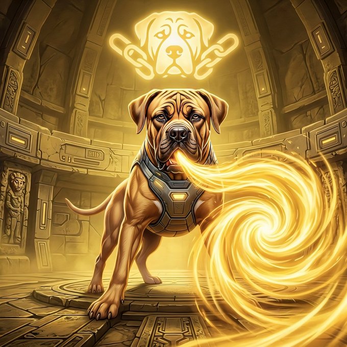 A digital illustration of a brown mastiff-type dog wearing a futuristic harness, standing in an ancient stone temple setting with a glowing dog logo above and golden swirling energy emanating from its mouth.