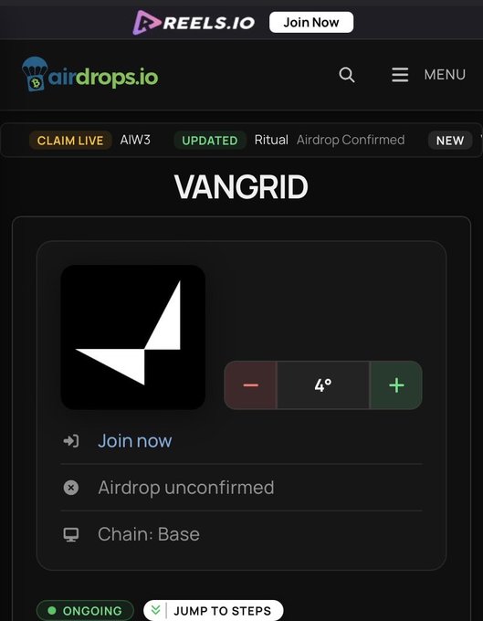 A screenshot from airdrops.io showing the VANGRID airdrop with 'Join now', 'Airdrop unconfirmed', and 'Chain: Base' details on an ONGOING status.
