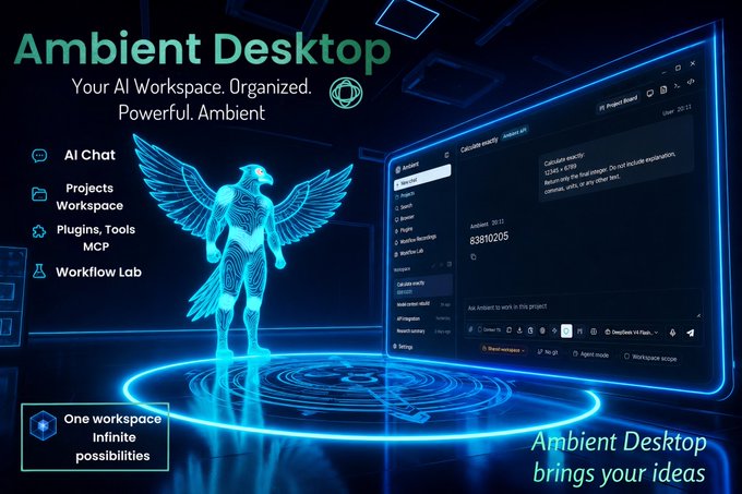 A promotional graphic for 'Ambient Desktop' featuring a glowing blue winged phoenix and a screenshot of an AI chat interface.