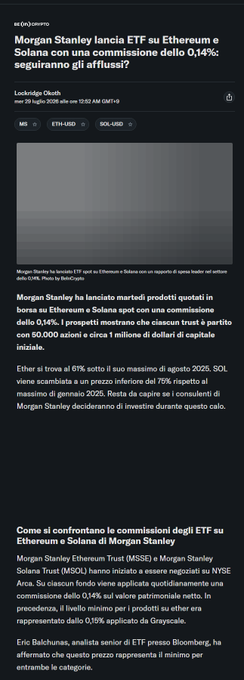 A mobile news article in Italian from 'Luckybob Ciforah' discusses how Morgan Stanley launched ETF su Ethereum e Solana with a 0.14% commission.