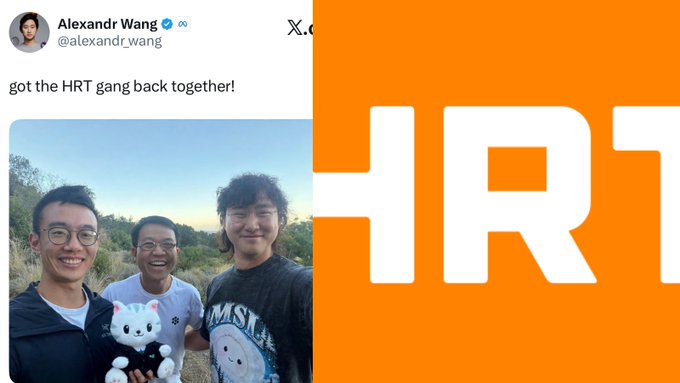 A tweet from Alexandr Wang (@alexandr_wang) features a selfie of three smiling young men outdoors, captioned "got the HRT gang back together!" — referencing his reunion with former Hudson River Trading interns Jeff (from Hyperliquid) and Scott Wu (Cognition CEO), alongside Meta's orange logo.