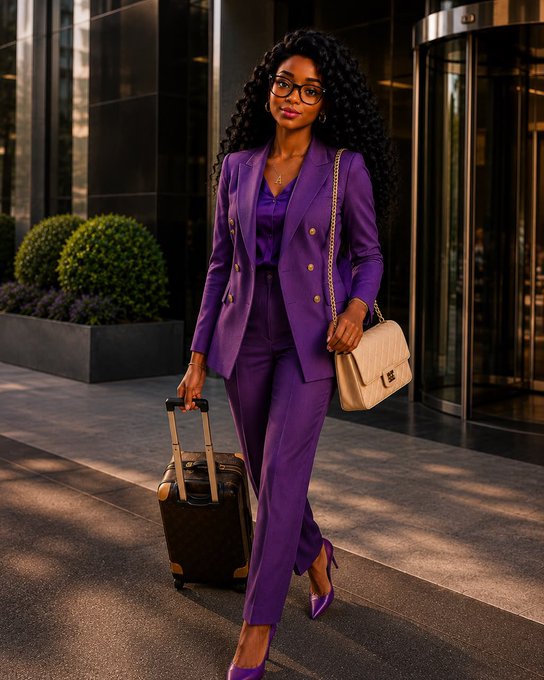 A woman with curly hair and glasses wearing a purple suit, pulling a brown suitcase and carrying a beige handbag as she walks out of a building.
