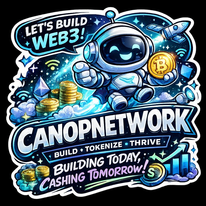 A colorful Web3 sticker/logo for 'CANOPNETWORK' featuring an astronaut holding a Bitcoin coin, with text reading 'LET'S BUILD WEB3!', 'BUILD • TOKENIZE • THRIVE', and 'BUILDING TODAY, CASHING TOMORROW!'.