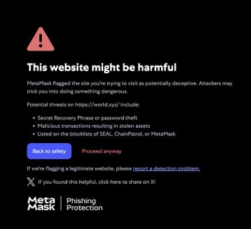 The image shows a warning message displayed on a computer screen, likely from a website or application. The message warns that the site might be harmful due to potential threats such as viruses, phishing attempts, or other malicious activities. It also suggests that users should take necessary precautions and consider backing up their data in case of any issues.
