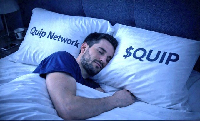 Man peacefully sleeping in bed between two pillows labeled 'Quip Network' and '$QUIP' in a blue-lit bedroom setting.