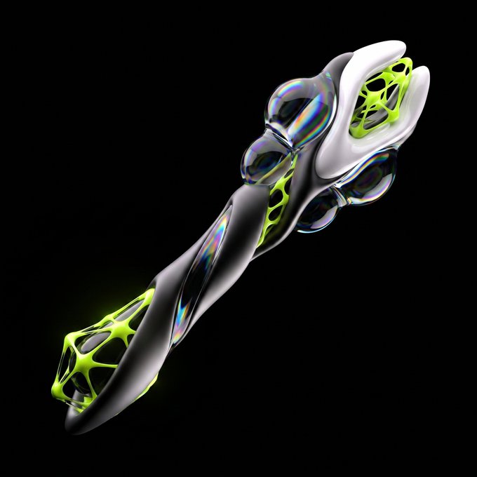 A 3D rendered abstract futuristic object featuring glossy black, iridescent, and neon yellow-green skeletal elements against a black background.
