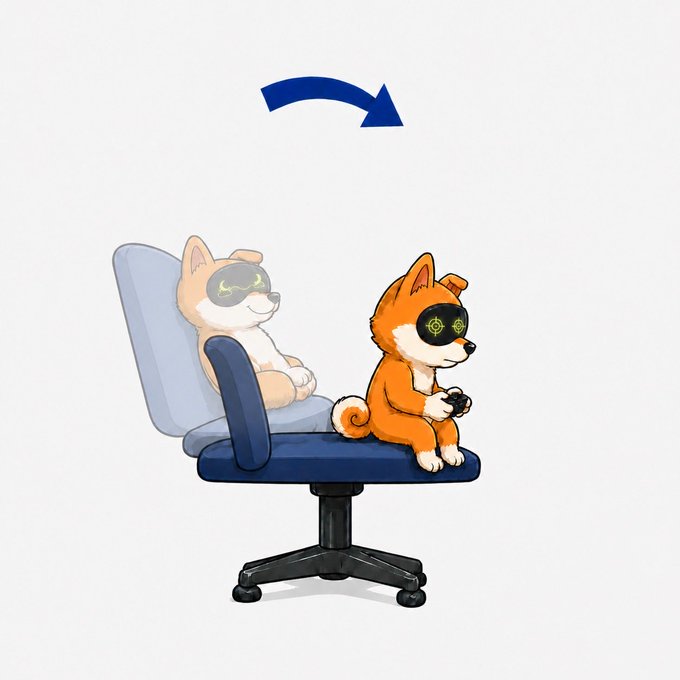 The image shows two cartoon Shiba Inu dogs wearing VR-style headsets—one relaxing in a gray office chair while the other, an orange puppy, sits on the chair's seat holding a game controller, with a blue curved arrow above them indicating a transition. This visual metaphor of evolving from a casual observer (token) to an active gamer (ecosystem) complements the post's message about $AI transforming into a fully functioning ecosystem where trading activity locks, burns, and builds liquidity for the token.