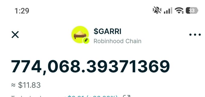 A mobile app screenshot showing a token balance of 774,068.39371369 $GARRI on Robinhood Chain, valued at approximately $11.83.